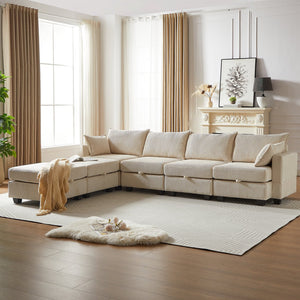English Elm 113.5'' Modular Sectional Sofa with Storage Ottoman, Convertible U or L Shape Sleeper for 6 Seats Beige W834S00253