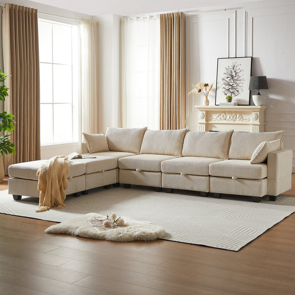 English Elm 113.5'' Modular Sectional Sofa with Storage Ottoman, Convertible U or L Shape Sleeper for 6 Seats Beige W834S00253