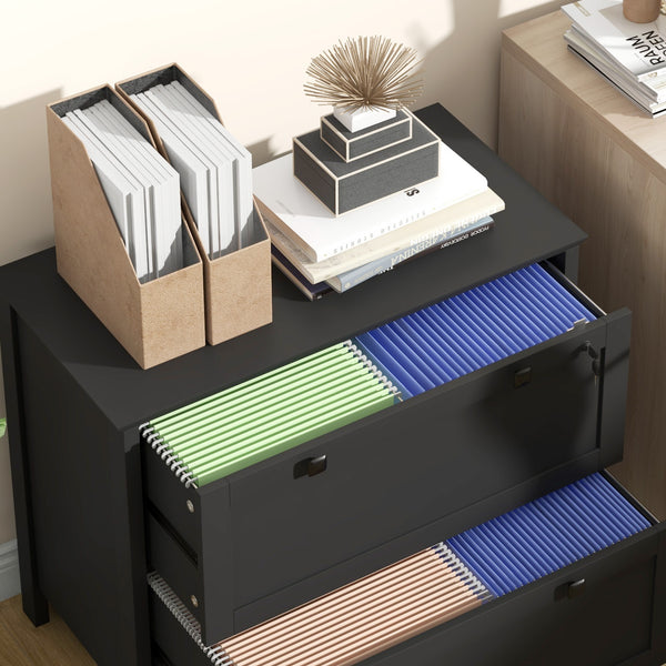 English Elm File Cabinet Two Drawer Locking Matte Black Home Office Organizer with Printer Stand Top T3971P412238