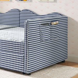 Twin‑size Gingham Upholstered Daybed with Pull Out Trundle and Side Storage Pocket