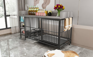 English Elm Large Iron Mdf Pet Enclosure with Storage Cabinet Rolling Casters and Steel Feeding Basins W3064P245385