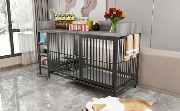 English Elm Large Iron Mdf Pet Enclosure with Storage Cabinet Rolling Casters and Steel Feeding Basins W3064P245385