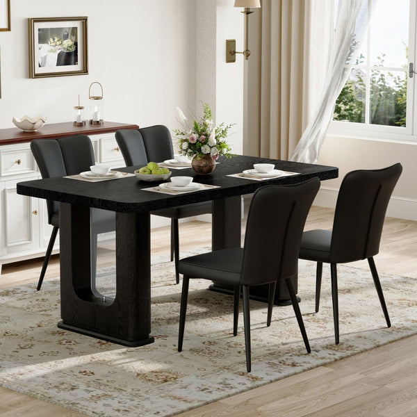 English Elm Table Set: Modern Black Wood Textured Dining Table With 4 Stylish Pu Chairs For Contemporary Dining W1151S04314-GIGA