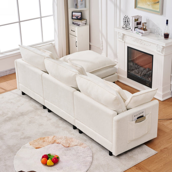English Elm 101.9-inch Chenille Modular Sofa with Movable Footstool for Living Room Comfort Beige W288S00031