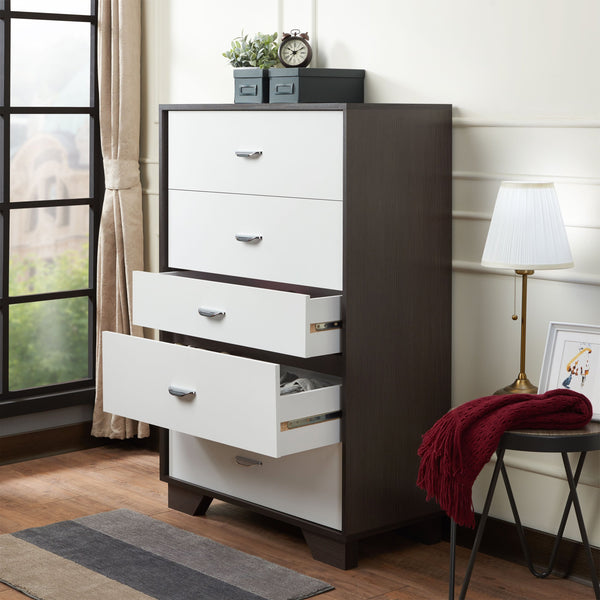 English Elm White 5-Drawer Chest in White and Espresso Finish — Sleek Rectangular Design, Ample Storage, Modern Style B062P209032