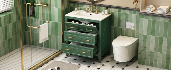 English Elm 30'' Bathroom Vanity with Ceramic Sink, Solid Wood Frame Retro Style Vanity with 3 Drawers & Gold Handles Green N710P246209F