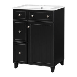 English Elm 24-Inch Bathroom Vanity Cabinet with Ceramic Sink, Space-Saving Storage, Solid Wood Feet, Durable Finish Black WF532034AAB