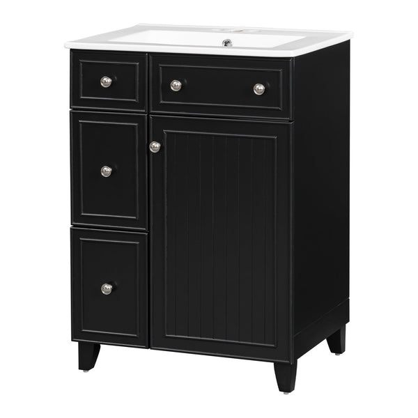English Elm 24-Inch Bathroom Vanity Cabinet with Ceramic Sink, Space-Saving Storage, Solid Wood Feet, Durable Finish Black WF532034AAB