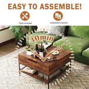 English Elm Farmhouse Flip Top Coffee Table With Hidden Storage – Rustic Wood & Metal Design For Stylish Living Rooms T2398P354184