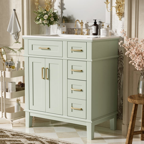 English Elm 30" Bathroom Vanity with Ceramic Sink and Deep Storage, Soft-Close Doors, Gold Handles, Durable Wood Frame Green N729P276610F