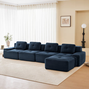 English Elm 153" Modern L-Shaped Modular Sectional Sofa: Cozy 4-Seater With Tufted Design & Movable Ottoman, Blue W714S01499