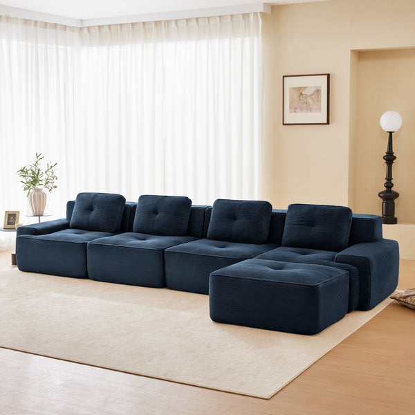 English Elm 153" Modern L-Shaped Modular Sectional Sofa: Cozy 4-Seater With Tufted Design & Movable Ottoman, Blue W714S01499