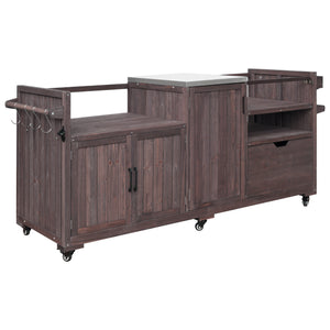 English Elm K&k 80.5 Inch Outdoor Kitchen Island Solid Fir Wood Stainless Steel Grill Cart Station Brown N707P392140Z