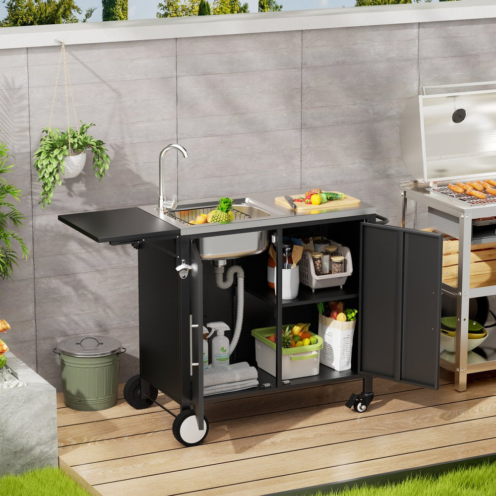 English Elm Outdoor Stainless Steel Grill Cart with Sink Foldable Top and Lockable Wheels W3190P426842