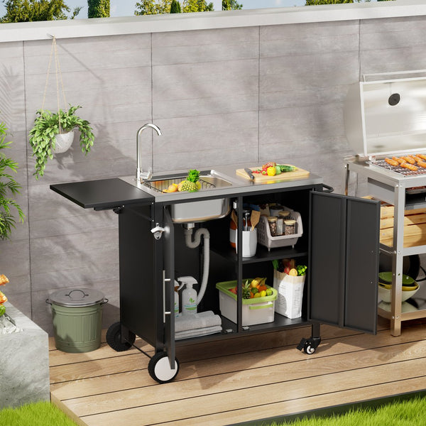 English Elm Outdoor Stainless Steel Grill Cart with Sink Foldable Top and Lockable Wheels W3190P426842