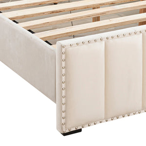 English Elm Contemporary Full Bedroom Set Channel Tufted Upholstered Bed with Led and Nightstands Beige B2741S00776