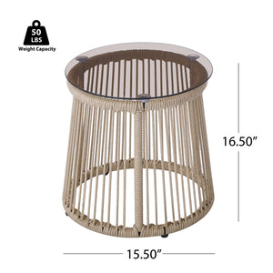 English Elm Christopher Knight Home® - MOONSTONE Light Brown Side Table with Handwoven Rope, Tempered Glass Top, Iron Frame, Modern Outdoor N775P251642B