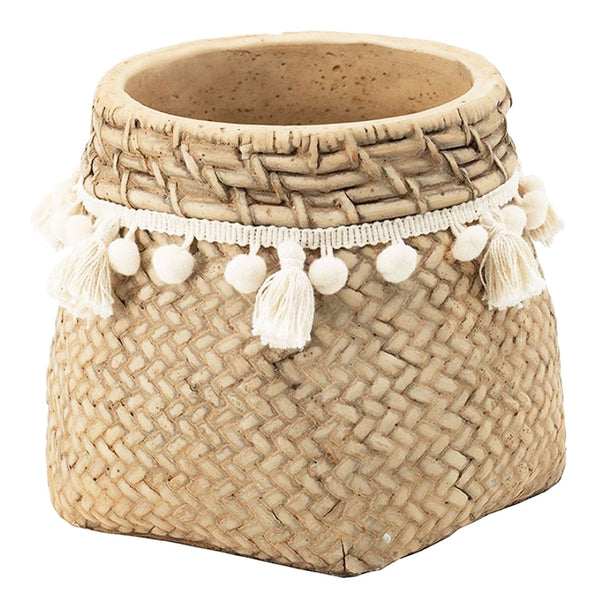 English Elm Set Of 2 Stylish 6.5" Brown Cement Planters With Woven Tassels - Perfect For Small Plants & Decor! W2078P326608-GIGA