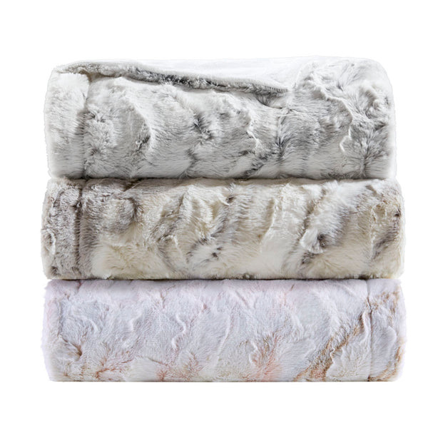 JLA Home Madison Park - Oversized Faux Fur Throw with Luxurious Marble Print — Extra-Large Plush, Machine-Washable Comfort Grey MP50-4906