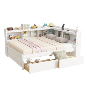 English Elm Full Platform Bed with L-shaped Bookcase Built-in Power Outlets and Storage Drawers White W504S00340