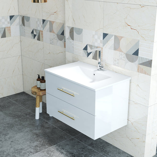 English Elm 30-Inch Sleek Wall-Mounted Bathroom Vanity With Integrated Sink, Double Drawers & Easy Installation W3151S00053