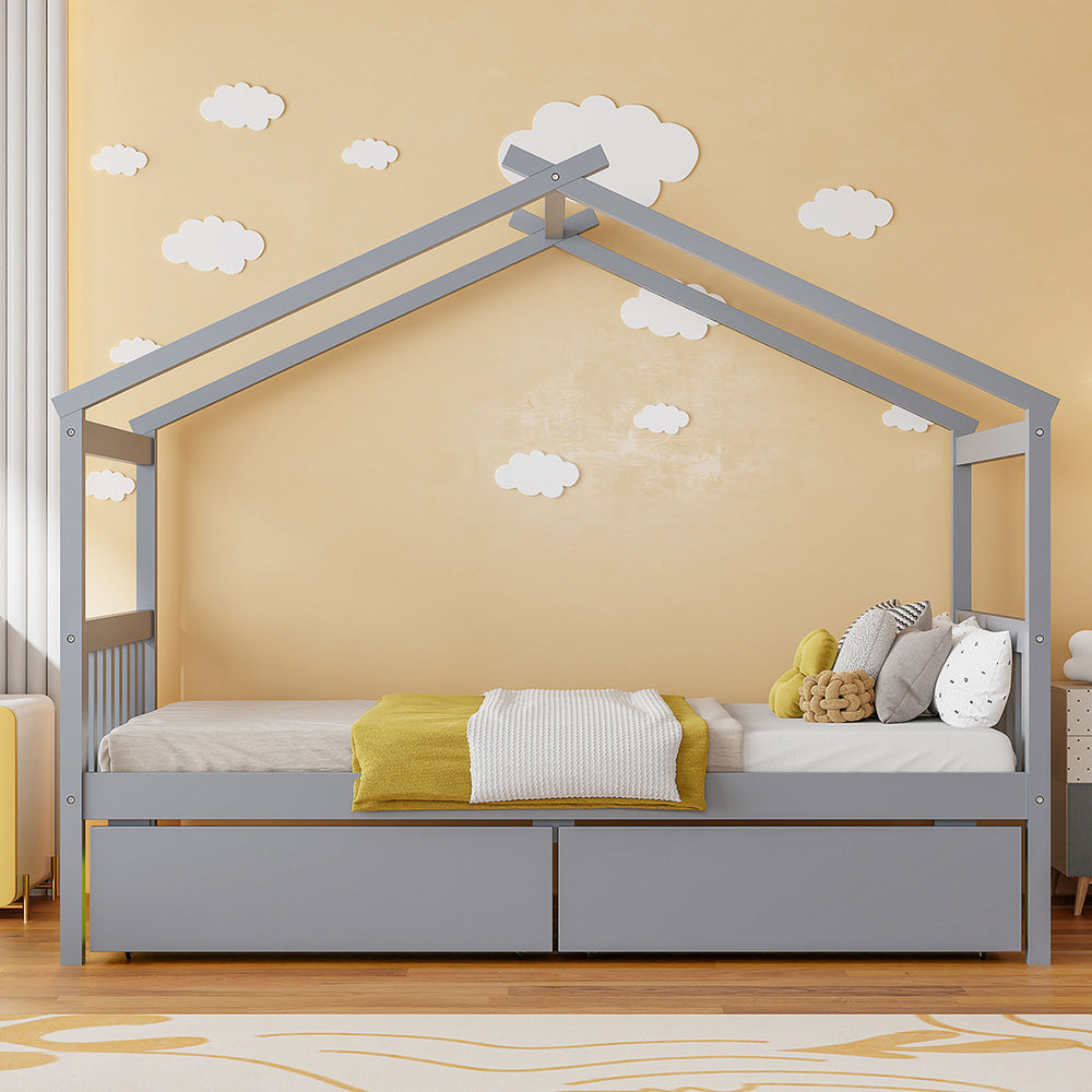 English Elm Twin House Bed Solid Pine Kids Cottage Frame with Storage Drawers Imaginative Room Gray N708P309245E