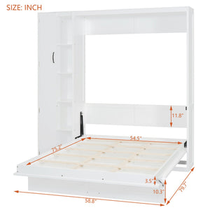 English Elm Full Size Murphy Bed with Open Shelving Wardrobe and Led Lighting for Studio Spaces White LP000898AAK