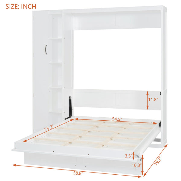 English Elm Full Size Murphy Bed with Open Shelving Wardrobe and Led Lighting for Studio Spaces White LP000898AAK