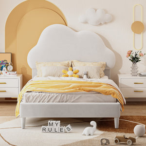 English Elm Twin Size Upholstered Cloud-Shape Bed ,Velvet Platform Bed With Headboard,No Box-Spring Needed,Beige