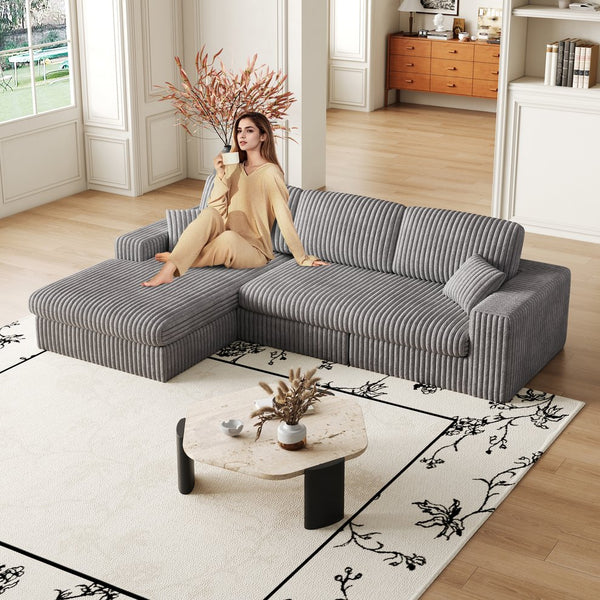 English Elm 114.5'Modern Corduroy Modular sofa with reversible chaise, slow-rebound foam cushions and versatile L-shape seating Grey W834S00457