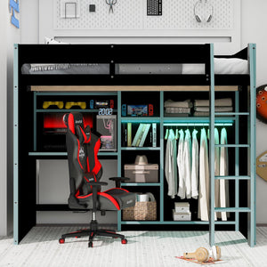 English Elm Full Size Loft Bed with Rgb Lighting Desk Open Wardrobe and Storage for Gaming Rooms Blue LT000277AAC