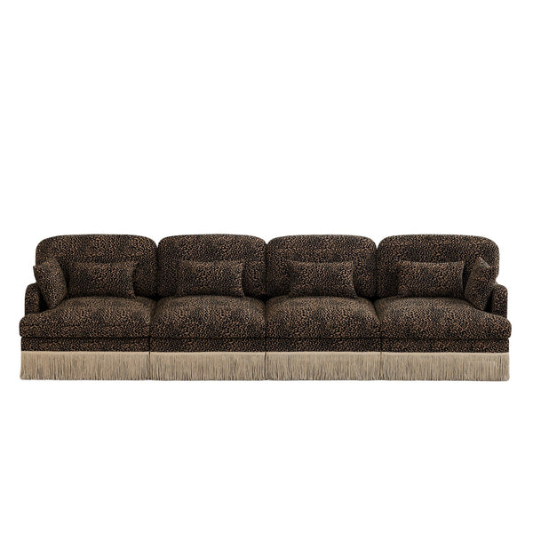 English Elm 131" Chenille Leopard Sectional Sofa Modular 4 Seat Deep Cushion Tassel Trim Brown W5656S00016