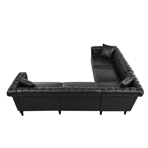 English Elm Sectional Chesterfield Sofa with Tufted Back Nailhead Trim Pu Leather 5 Seat Living Room Black W680S00112