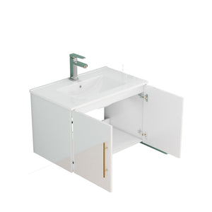 English Elm 30-Inch Sleek White Gloss Wall-Mounted Bathroom Vanity With Gold Handles & Soft-Close Doors, Easy Install W3151S00052
