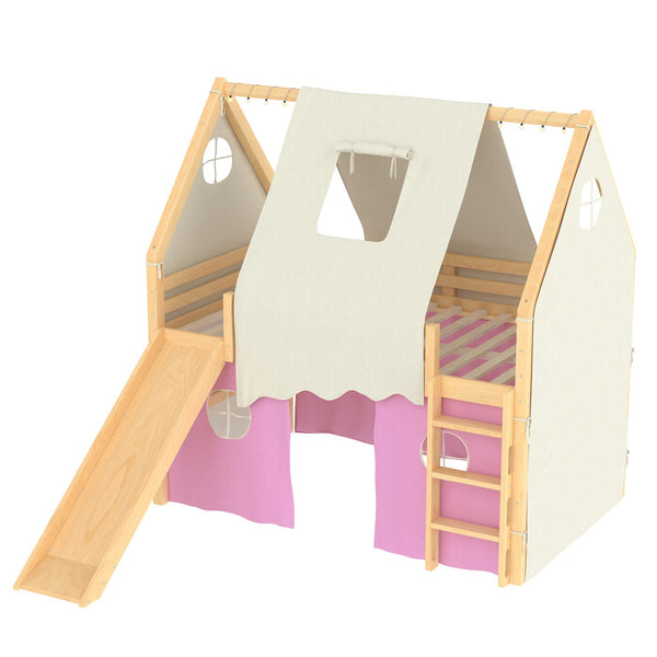 English Elm Full Size Pine Loft Bed with Slide Tent Panels Led Lights and Play Space Below W1580S00291