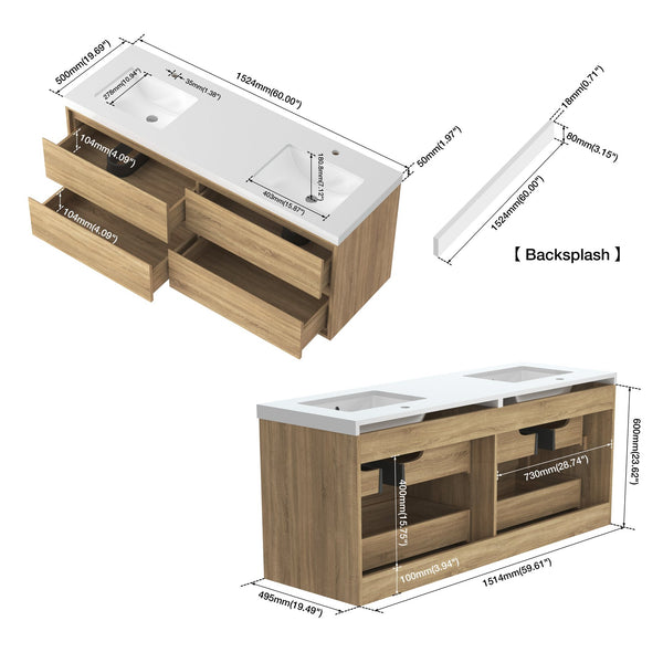 English Elm 60"w Floating Double Sink Vanity White Stone Top Soft Close Drawers Bathroom T3785S00019