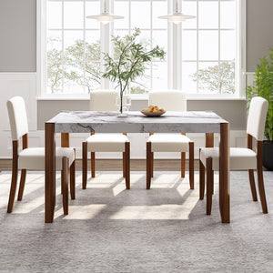 English Elm 5-Piece Modern Dining Set with 46.5" Faux Marble Table & 4 Upholstered Rubberwood Chairs, Space-Saving Elegance for Kitchen and Dining SQ000885AAK