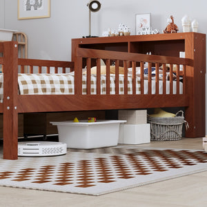 English Elm Twin Bed With Walnut Finish, Headboard Storage, Two Under-Bed Drawers & Safety Guardrails For Kids N733P272374D-GIGA