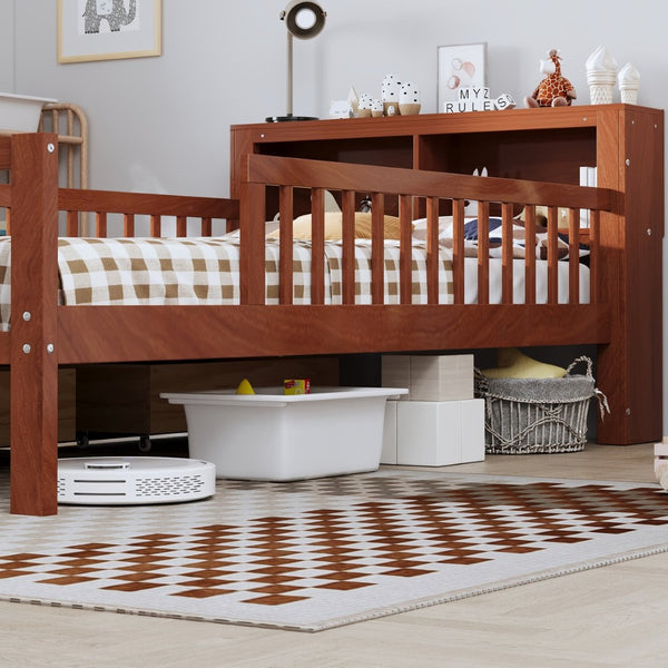 English Elm Twin Bed With Walnut Finish, Headboard Storage, Two Under-Bed Drawers & Safety Guardrails For Kids N733P272374D-GIGA