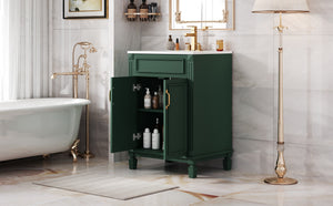English Elm 24'' Bathroom Vanity with Sink - Solid Wood Frame, Glossy Ceramic Basin, Soft-Close Doors & Ample Storage Elegant Modern Design, Durable MDF Construction, Retro Metal Handles, Compact 24-inch Cabinet Green N710P317675F