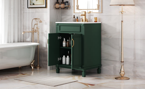 English Elm 24'' Bathroom Vanity with Sink - Solid Wood Frame, Glossy Ceramic Basin, Soft-Close Doors & Ample Storage Elegant Modern Design, Durable MDF Construction, Retro Metal Handles, Compact 24-inch Cabinet Green N710P317675F