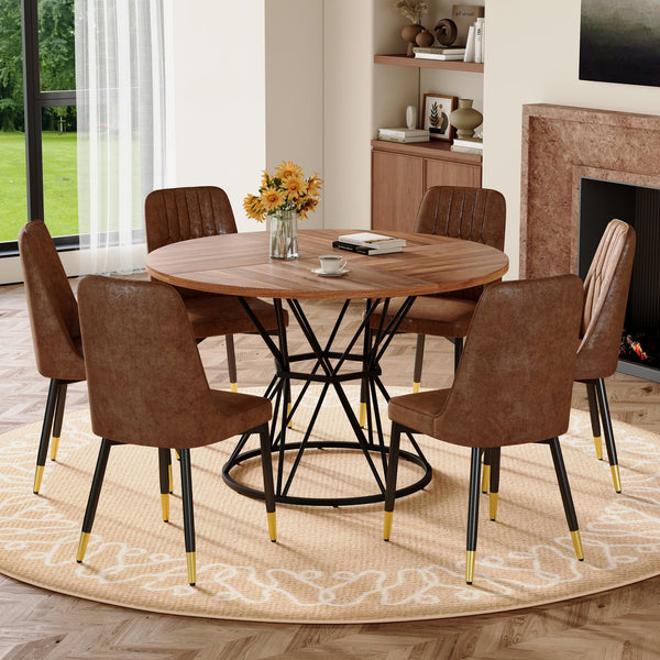 English Elm Table and Chair Set Round Walnut Mdf Top Six Seat Dining with Gold Accent Legs W1151S04846