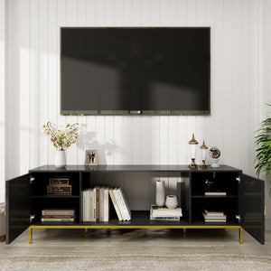 English Elm 70 Electric Fireplace TV Stand with Honeycomb Doors & Gold Legs, Sturdy MDF Console with Adjustable Shelves and Open Storage for Modern Living Room Black 75.6 L x 19.3 W x 5.5 H T3609P332395