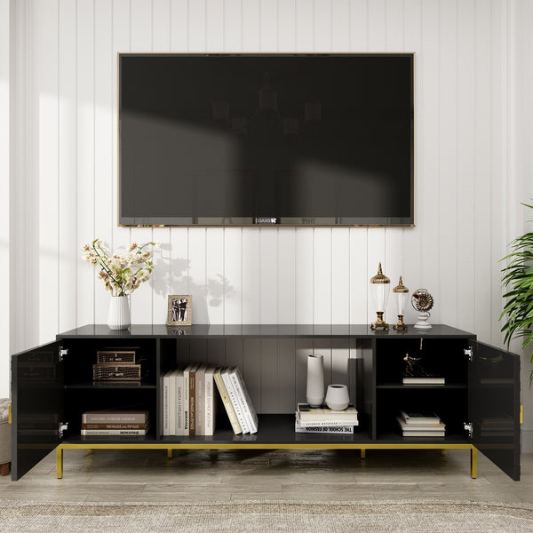 English Elm 70 Electric Fireplace TV Stand with Honeycomb Doors & Gold Legs, Sturdy MDF Console with Adjustable Shelves and Open Storage for Modern Living Room Black 75.6 L x 19.3 W x 5.5 H T3609P332395