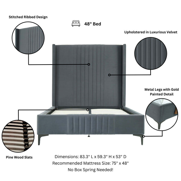 English Elm 48" Full Velvet Upholstered Bed Channel Tufted Headboard Mid-century Modern Bedroom Grey B365S00156