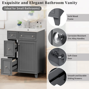 English Elm 24" Gray Bathroom Vanity Cabinet with Ceramic Sink, Soft-Close Door, 2 Drawers, Smart Storage, Durable Design N729P264336E