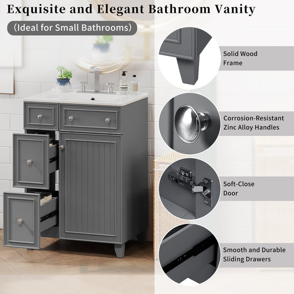 English Elm 24" Gray Bathroom Vanity Cabinet with Ceramic Sink, Soft-Close Door, 2 Drawers, Smart Storage, Durable Design N729P264336E