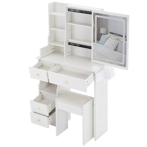 English Elm 29.2" Compact Left Drawer Vanity Set With Led Mirror, Power Station, Stool & Hair Dryer Holder P1 W936P202461-GIGA