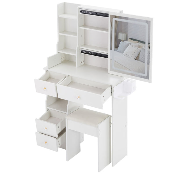 English Elm 29.2" Compact Left Drawer Vanity Set With Led Mirror, Power Station, Stool & Hair Dryer Holder P1 W936P202461-GIGA