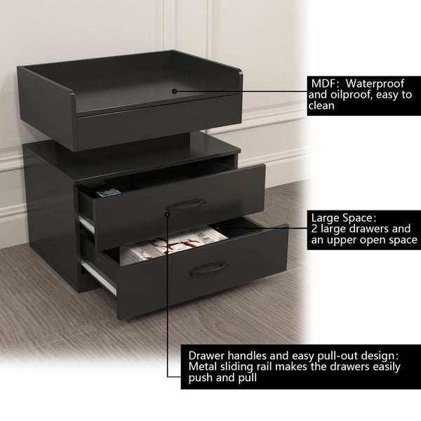 English Elm 1 Set Led Strip Nightstand with 2 Drawers Open Shelf Contemporary Bedside Storage Black W578P462506